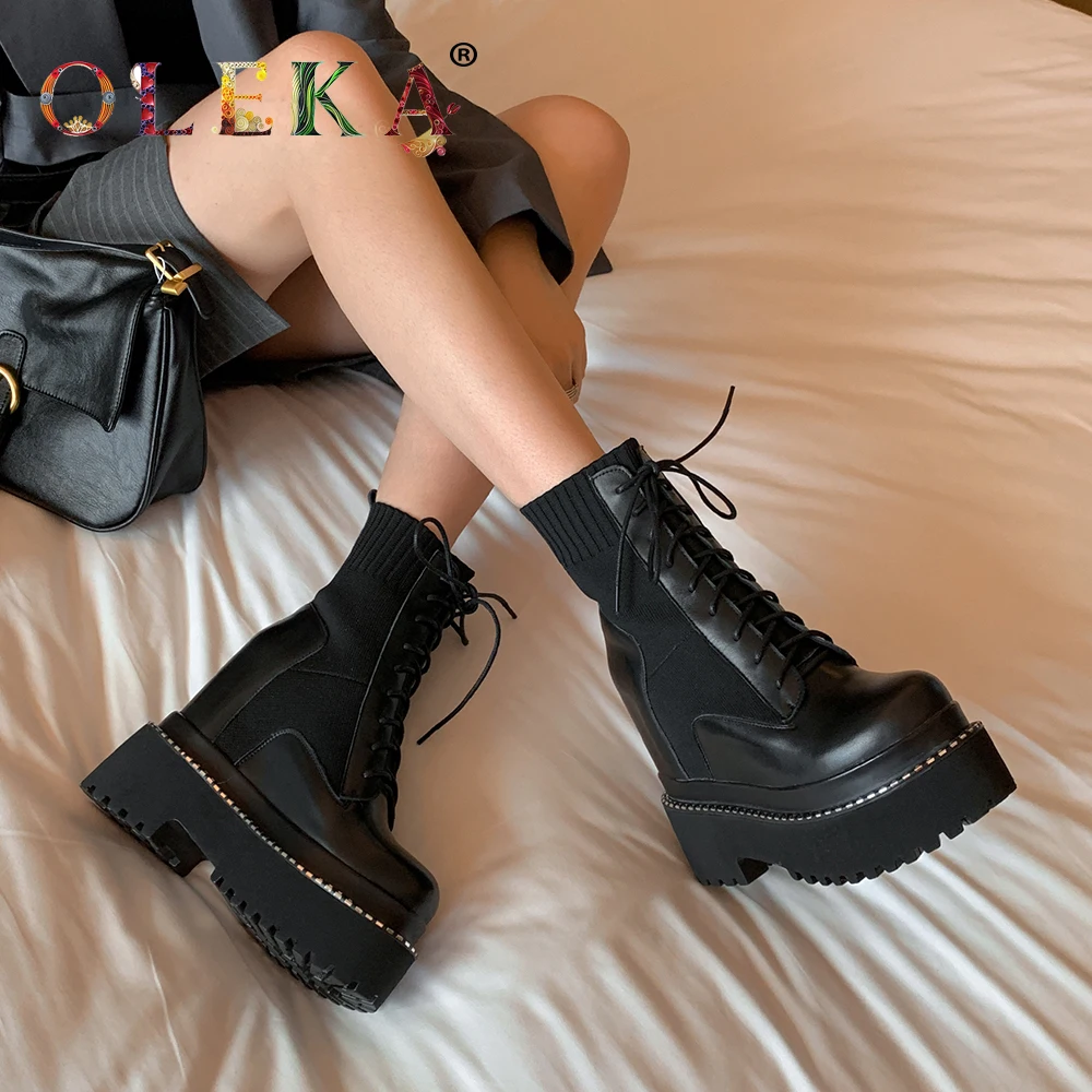 Goede Oleka Leather Mid-Kalf Winter Winter Laarzen Vrouwen Platform Rome Ronde Neus Lederen Laarzen Vrouwen Leisure Stijl Westerse Nieuwe AS838