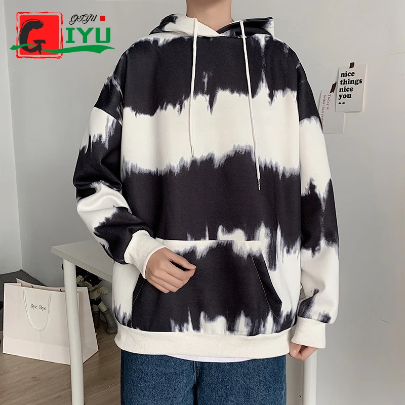 

Fall Long Sleeve Tie Dye Hoodie Men Casual Loose Korean Version Trend Couple Wearing Gradient Black Blue Coat Hoodie Sweatshirt