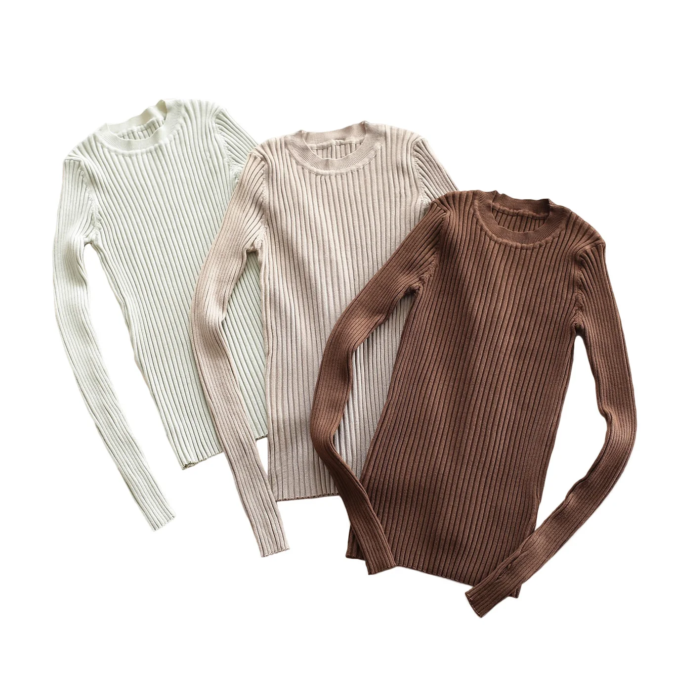 Women Sweater Pullover Basic Rib Knitted Cotton Tops Solid Crew Neck Essential Jumper Long Sleeve Sweaters With Thumb Hole