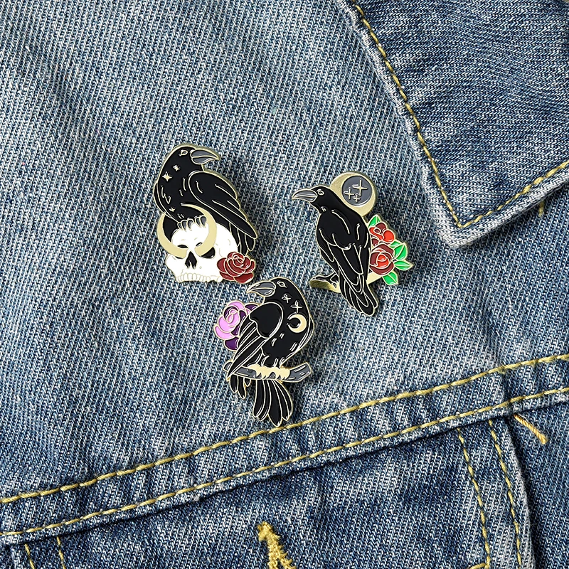 

Black Crow Brooch Custom Starry Skull Raven Enamel Pins for Backpack Gothic Lapel Pin Badge Jewelry Gift Friends 2021 Wholesale