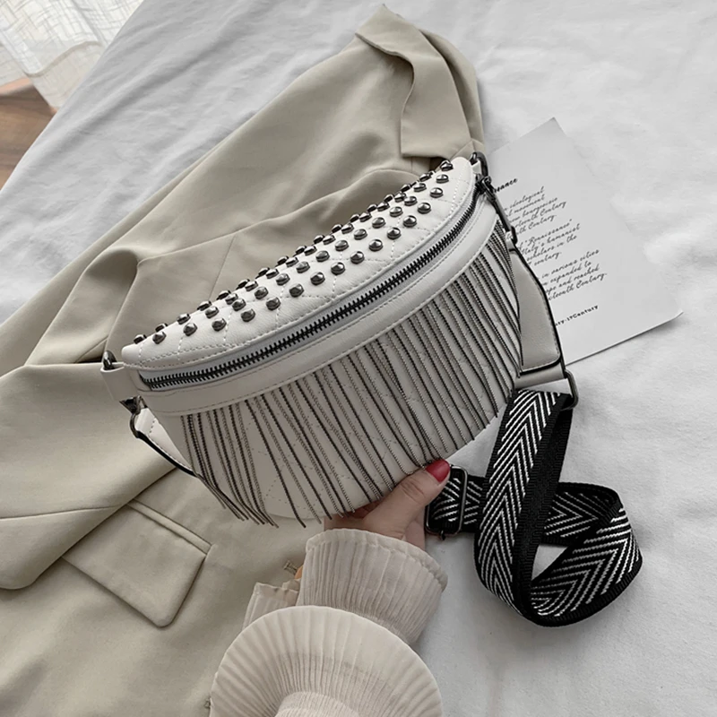 

Burminsa Wide Strap Fringe Chest Crossbody Bags For Women Studs Brand Designer Quilted Waist Fanny Pack Spring 2022 Black Beige
