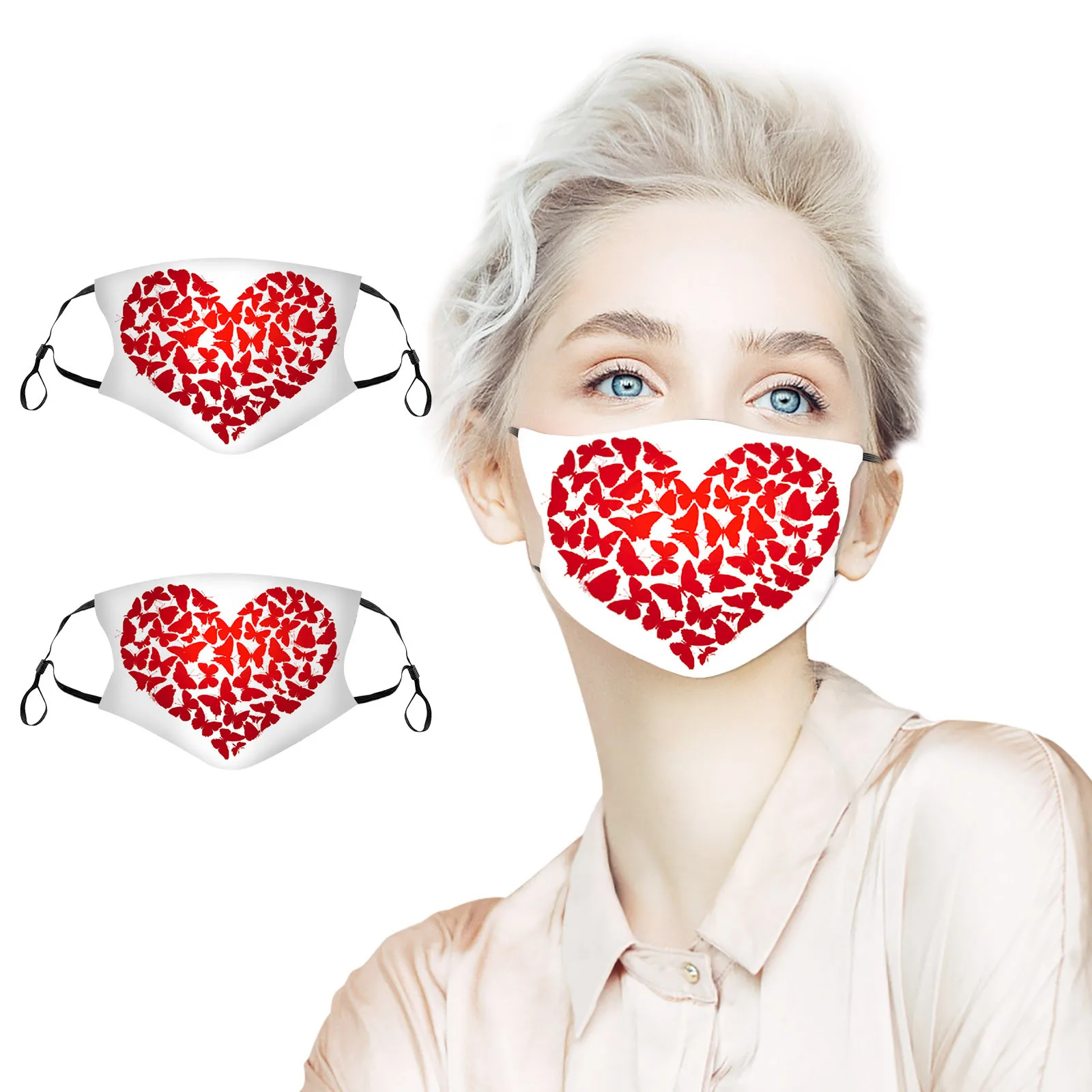 

2pc Adult Valentine's Day Face Mask Cotton mascarillas Dustproof Mouth Mask Heart Print Reusable Face Mouth Mask Party mascara