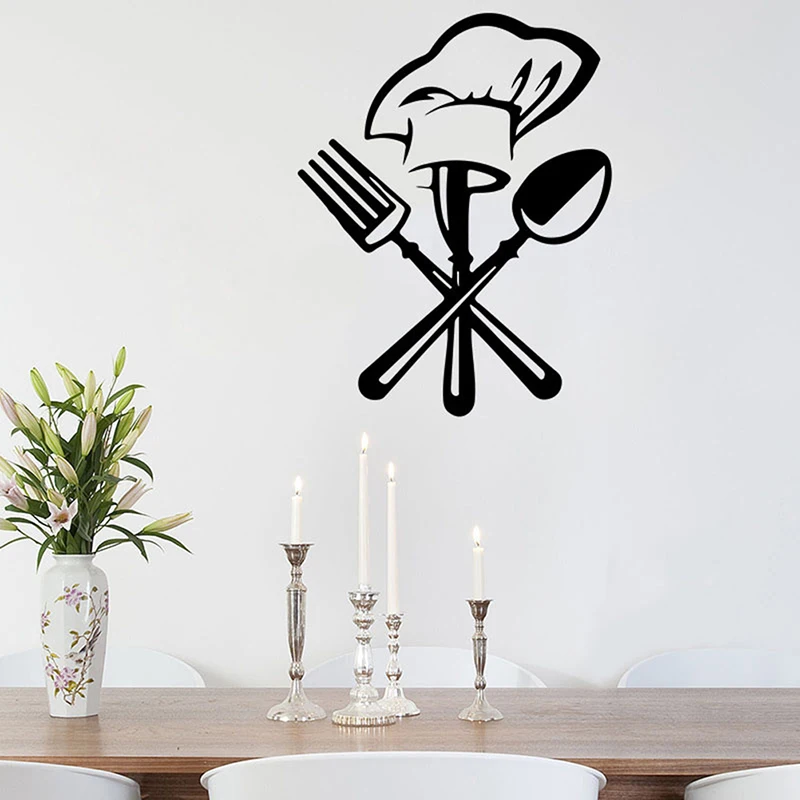 Creative Cutlery Knife Fork Chef Hat Wall Sticker For Kitchen Restaurant Decoration Mural Decals Wallpaper Home Decor Stickers | Дом и сад
