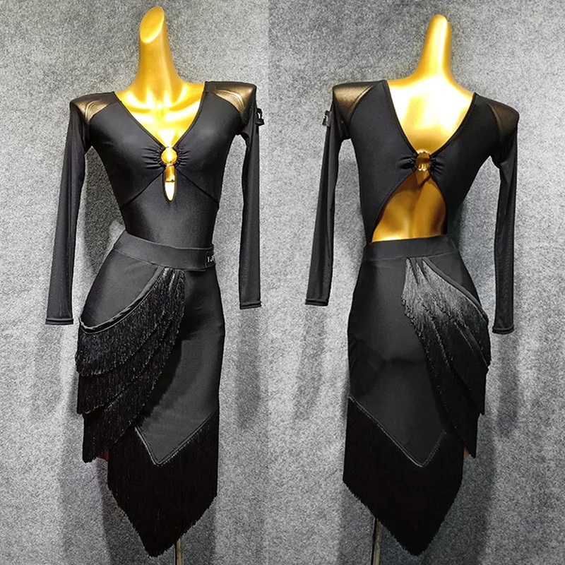 Платье для латиноамериканских танцев черное сексуальное боди на бретельках