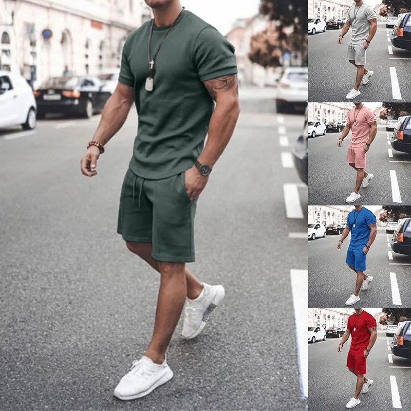 

2021 Men Summer Tracksuit Short Sleeve T-shirt Loose Pants Suit Solid Color Two Piece Set Lounge Clothing