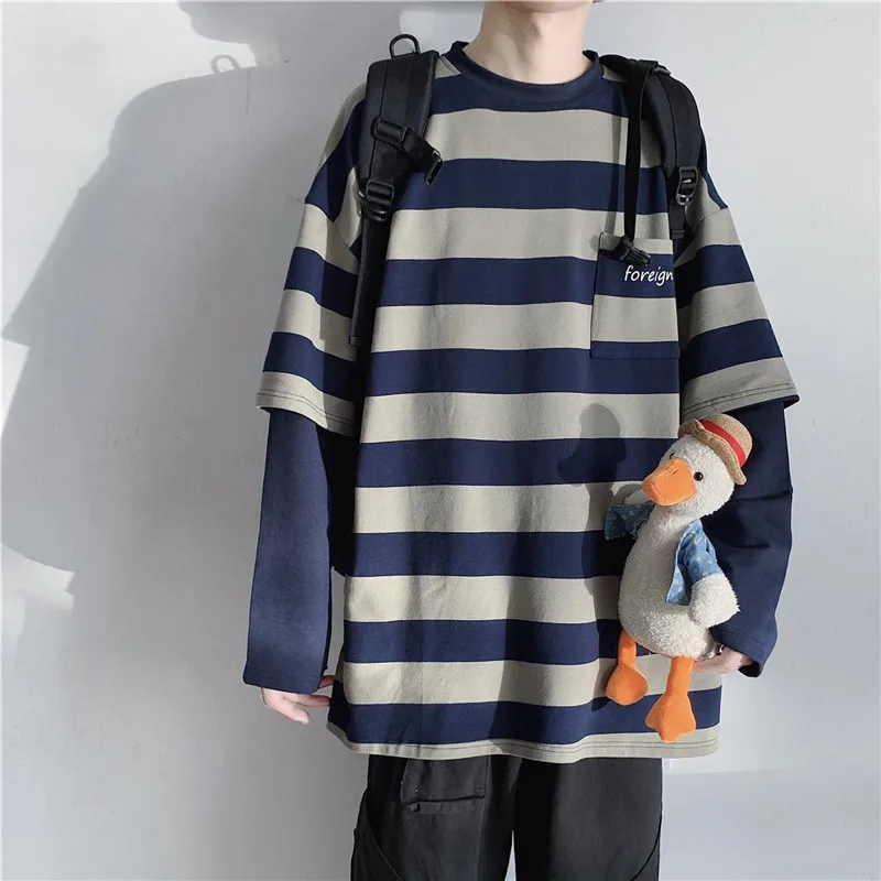 

Japan New Style Spring Male Tshirt Streetwear fashion Harajuku Long Sleeve Casual Tops Long Striped Tee Punk T Shirt Men