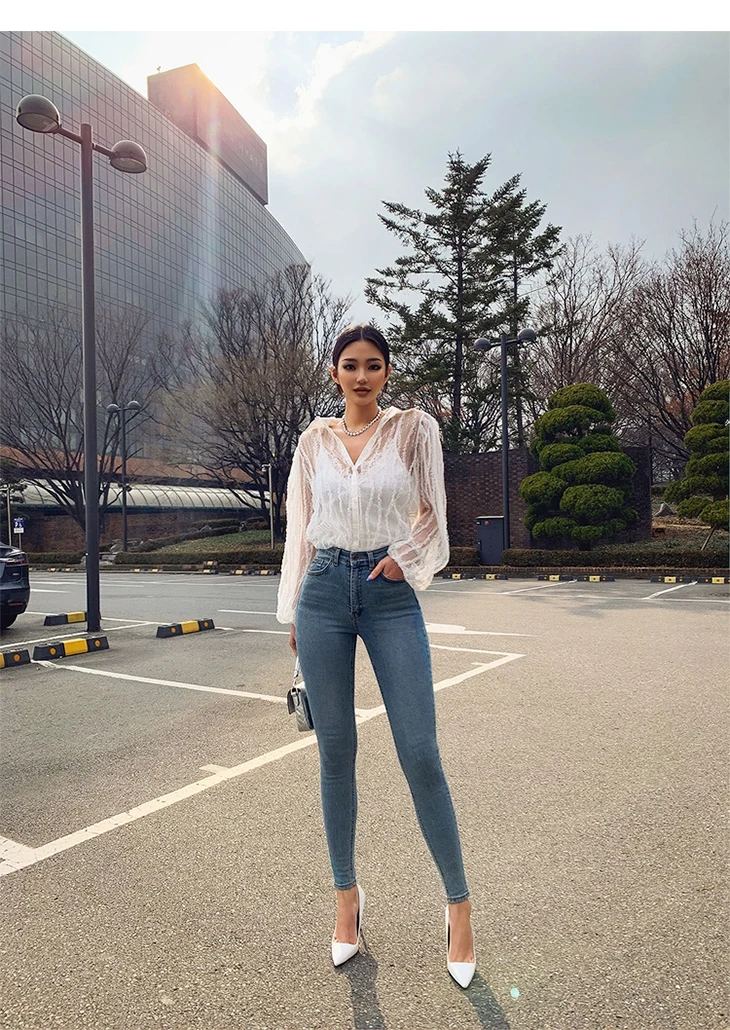 

2021Women's Jeans High Waist Stretch Skinny Denim Pants 2020 Autumn Winter Blue Retro Washed Elastic Slim Pencil Trousers