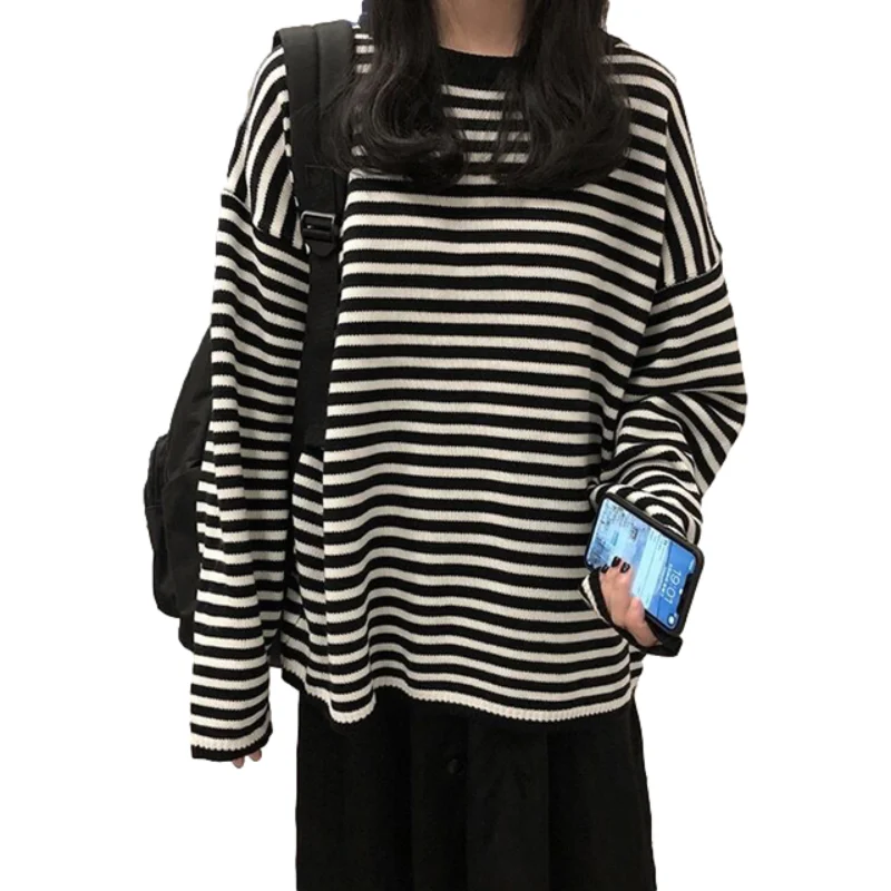 

Women's Striped Female Knitted Sweater O-neck Elegant Chic Pullovers Tops Korean Cashmere Autumn Winter Keep Warm Long Sleeve