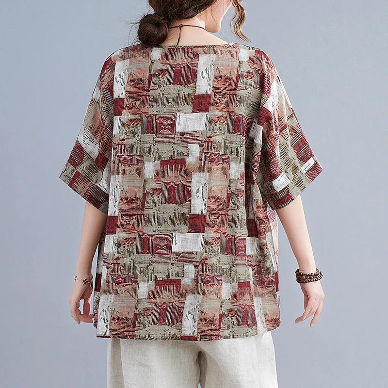 

BIG SIZE Summer Women Fashion Elegant Plaid Stripe Tops Ladies Female Plus Large Batwing Sleeve Cotton Linen Loose Blouse Shirt