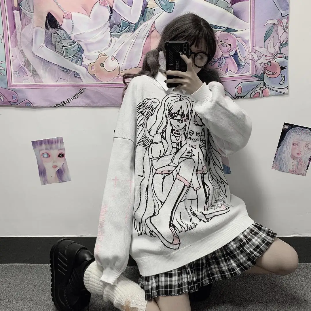 

Japanese cartoon knitted sweater Winter women Vintage plus size loose fashion casual punk Harajuku oversized anime women sweater