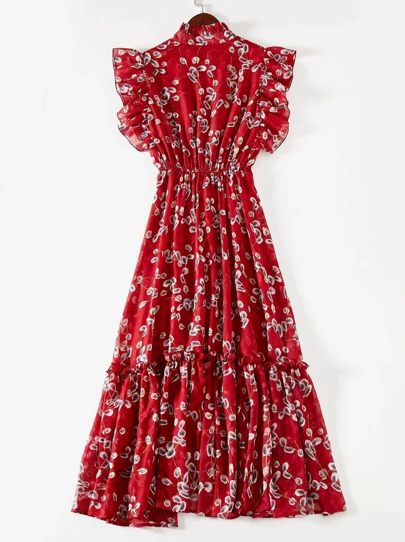 

Red Long Dress 2020 Spring Summer Sexy Party Women Ruffled Collar Elegant Flower Print Ankle Length Casual Beach Maxi Dress 4XL
