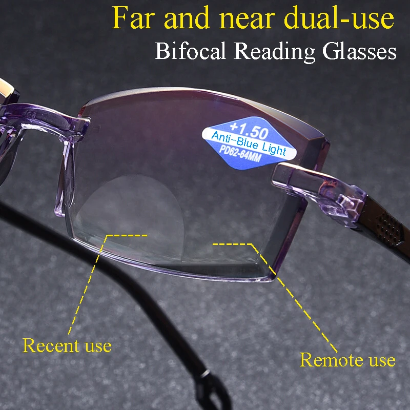 

Far and near dual-use Rimless Cutting Reading Glasses TR90 Men Women Bifocal Anti-blue light Ultra-light Computer Eyeglasses