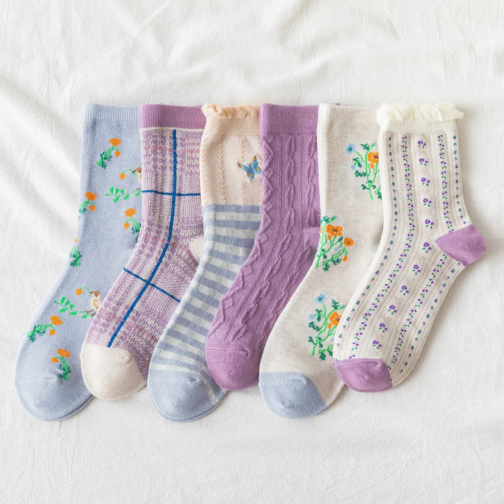 

Summer New Purple Butterfly Designer Socks Cotton Korea Kawaii Sweet Socks Women Japanese Stripe Flowers Harajuku Cute Socks