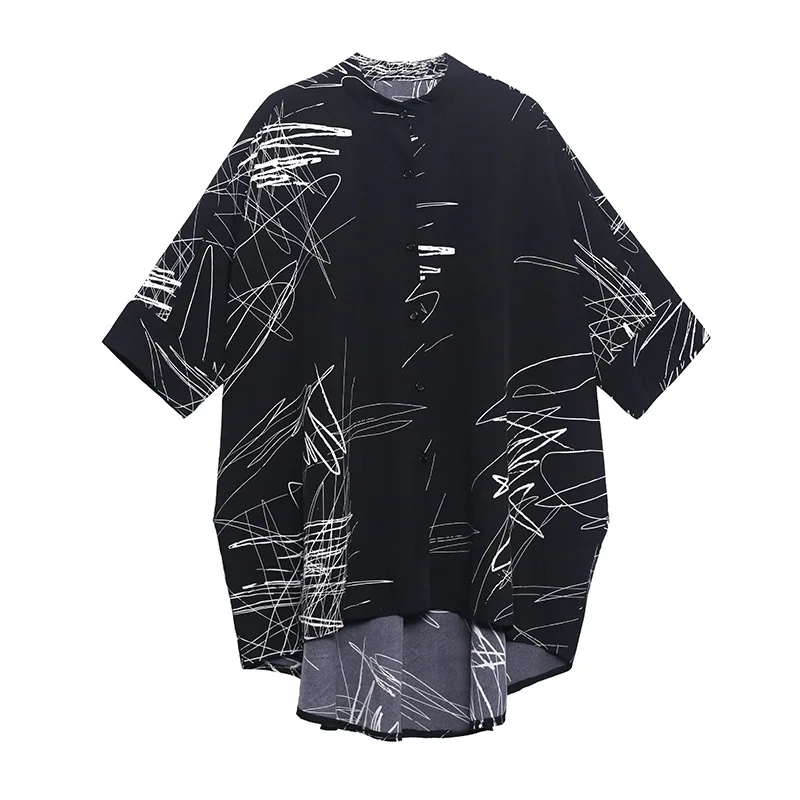 

SONDR 2021 Spring And Summer New Loose Stand-up Collar Shirt Abstract Print Irregular Shirt Woman Fashion Simple Retro Trend