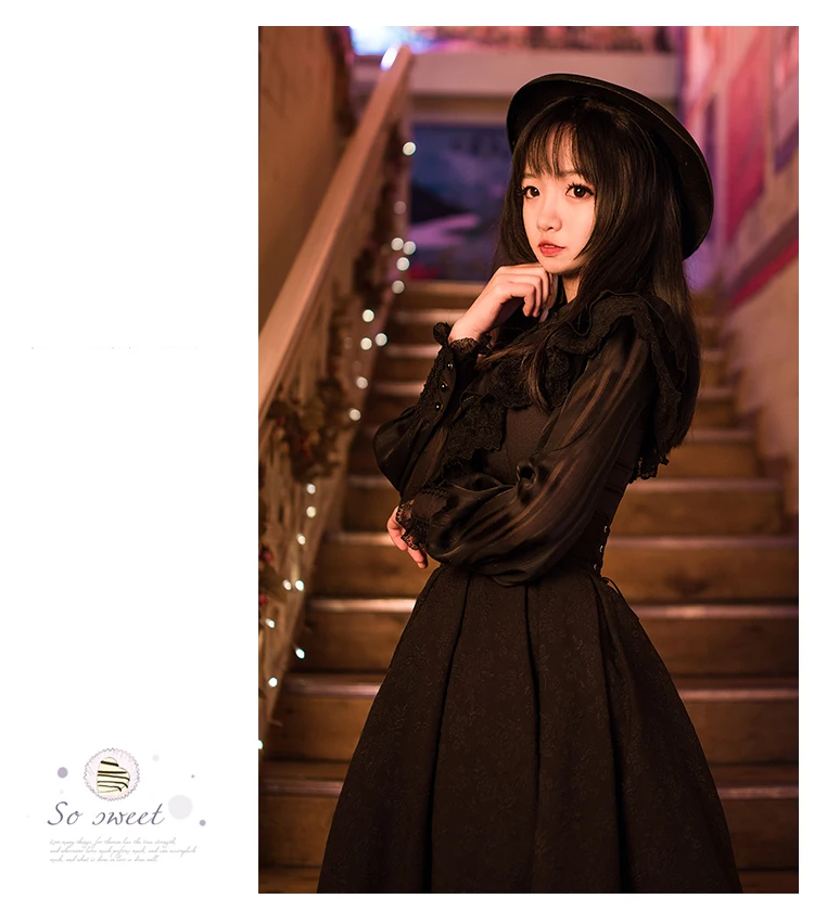 Винтажная королевская рубашка Лолиты черно-белая шифоновая кружевная Базовая футболка в готическом стиле с длинным рукавом-фонариком Блузка с оборками для женщин