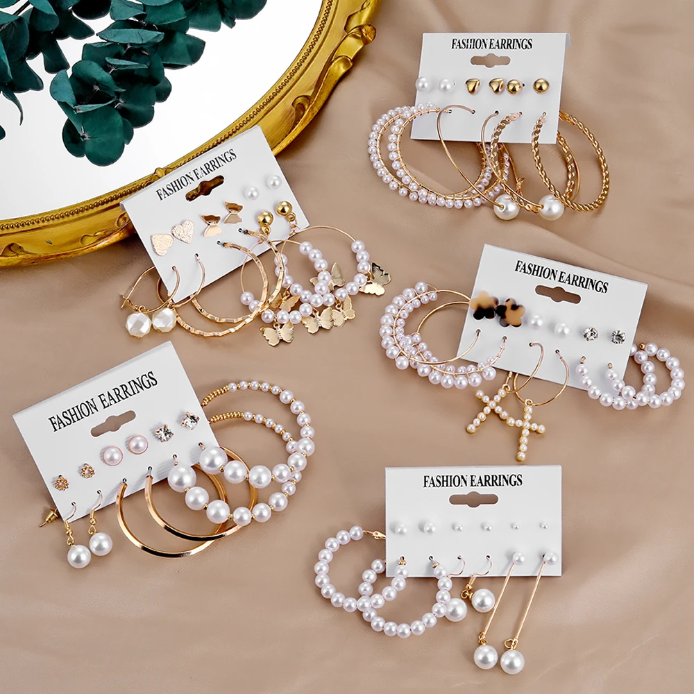 

FNIO 2021 Vintage Pearl Earrings For Women Big Gold Cross Set of Earrings Long Tassel Butterfly Dangle Drop Earrings Jewelry
