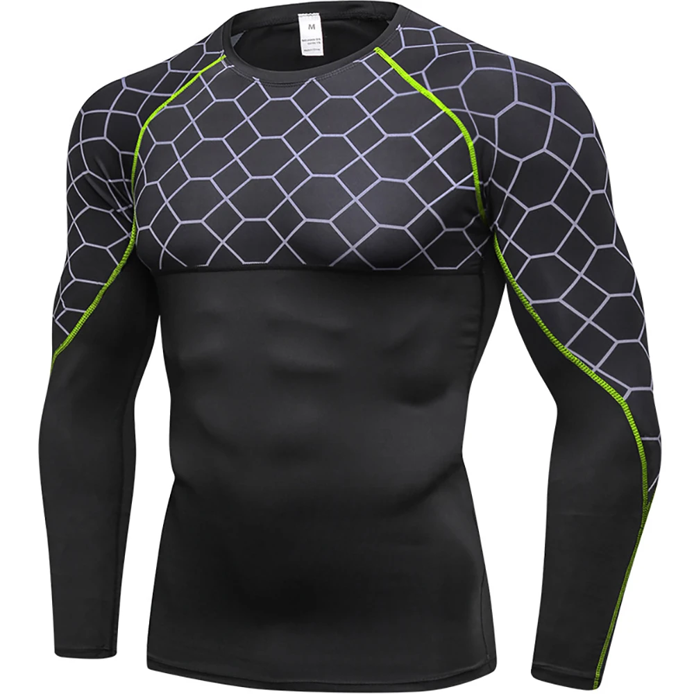 Men Compression Shirt Quick Dry Print Patchwork Tight Long Sleeve Running T-shirt Underwear Gym Fitness Training Sportswear