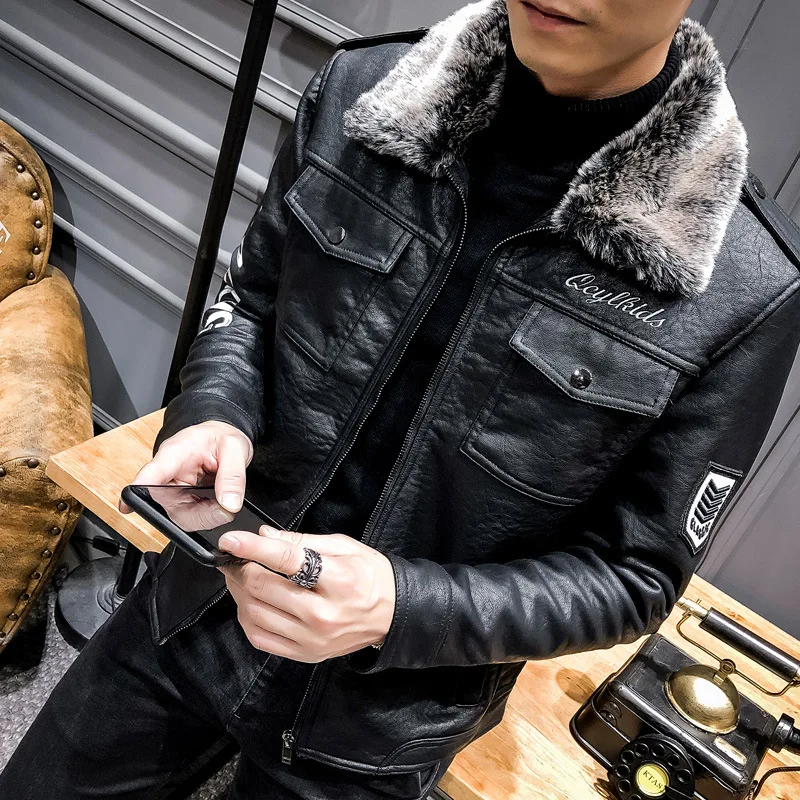 

New Leather Men's Fur Pu Leather Jacket Motorcycle Lapel Men's Thick Leather Korean Version of Self-cultivation Men Clothing