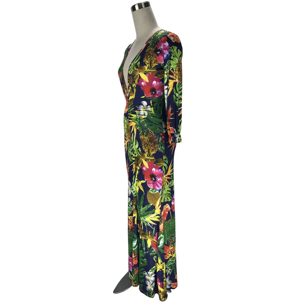Women Party Dresses Bohemian Long Dress Floral Printing V-neck Split Sexy Autumn Winter Fashion Sleeve Bodycon | Женская одежда