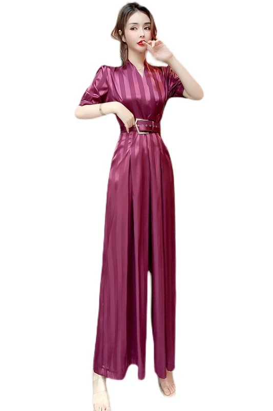 

Striped Rompers Womens Jumpsuit Sashes Combinaison Femme Elegante Wide Leg Pants One Piece Pants Design Office Lady Overalls