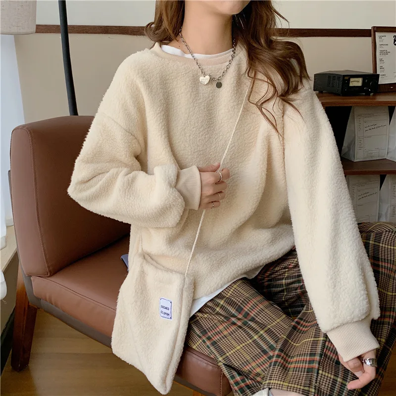 Women Harajuku Solid Sweatshirt with Bag Long Sleeve Hoodie Pullover Cotton Loose Hoodies Kawaii Sweetshirt for Girls Tracksuit