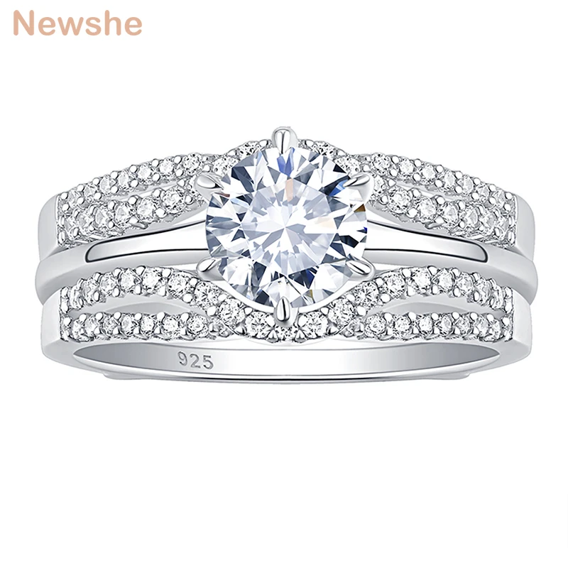 

Newshe Solid 925 Sterling Silver Round Cut Solitaire CZ Engagement Rings Set for Women Eternity Stacking Guard Ring Enhancer