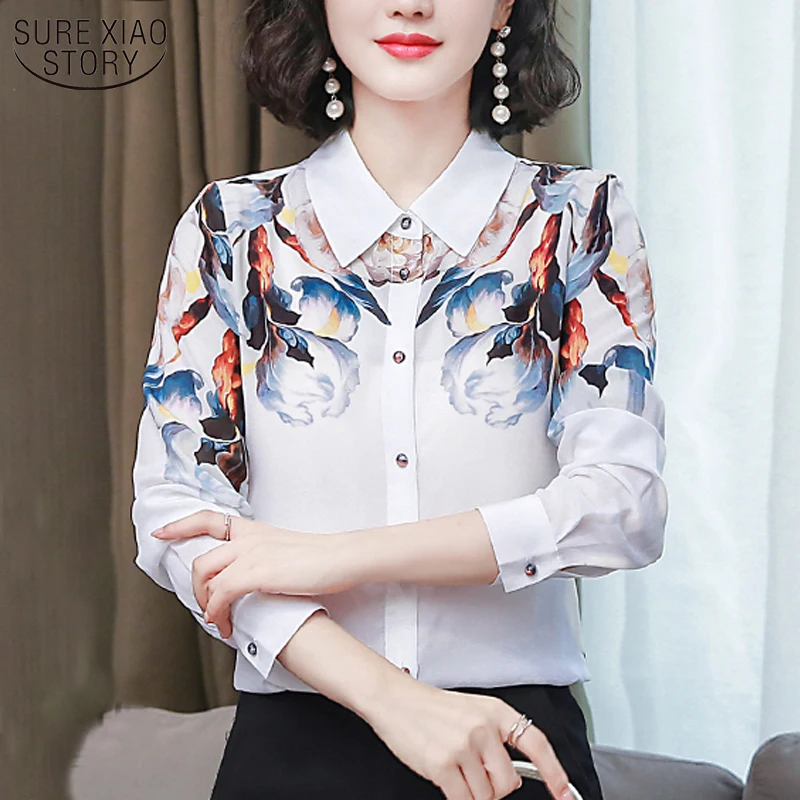 

Retro Printed Mulberry Silk Shirt White Silk Shirt Women's Long-Sleeved 2021 New Spring and Autumn Elegant Chemisier Femme 10720