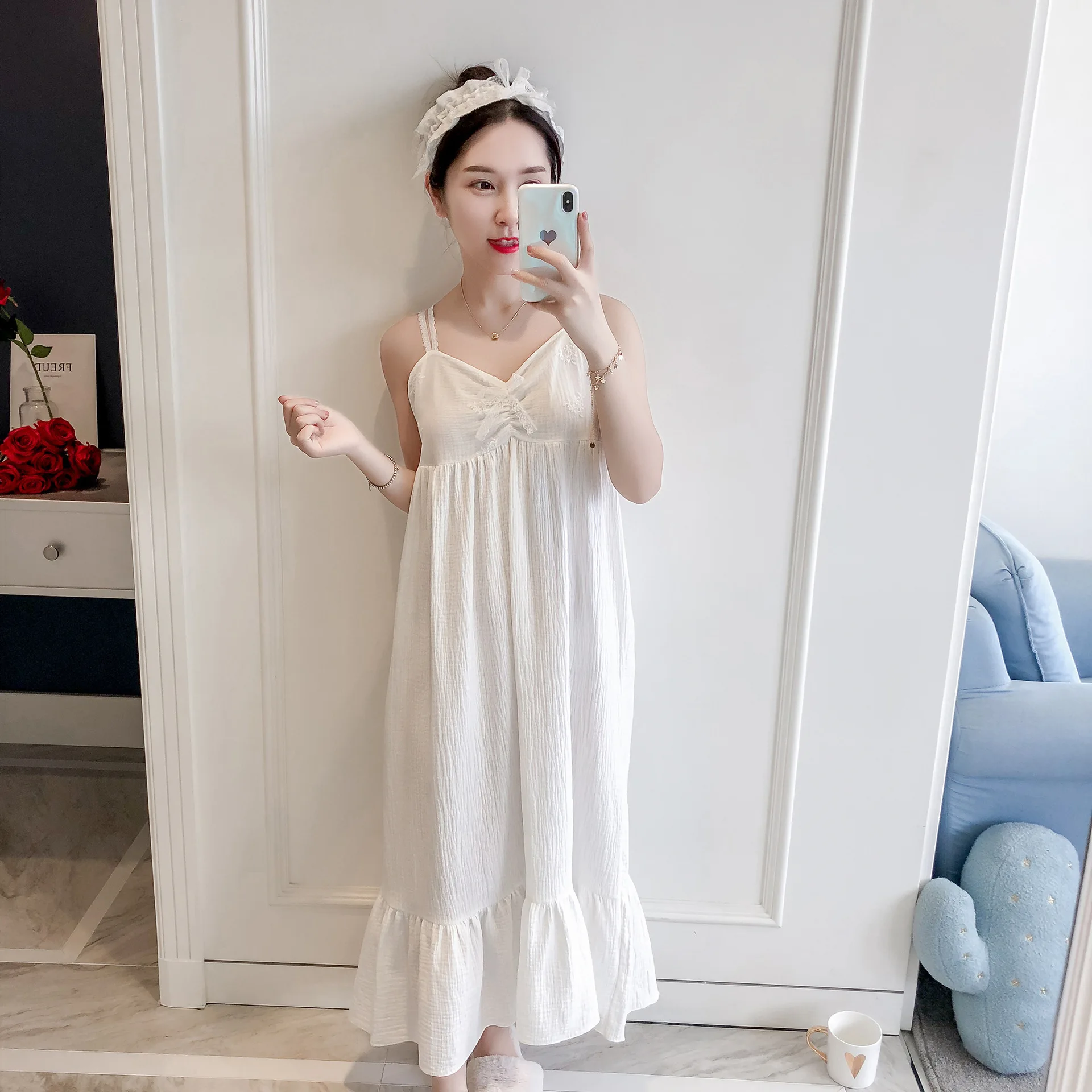 Хлопок с длинным рукавом женский халат набор пряжа кружева сексуальный спагетти