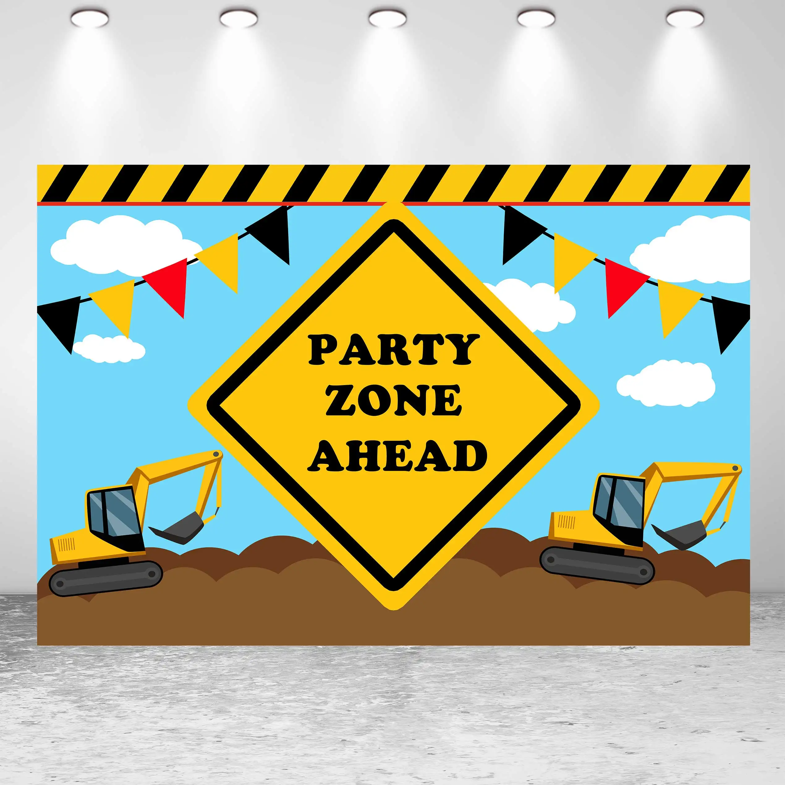 

NeoBack Happy Birthday Baby Shower Excavator Ribbon Boy Little Engineer Party Banner Photo Backdrop Photography Background