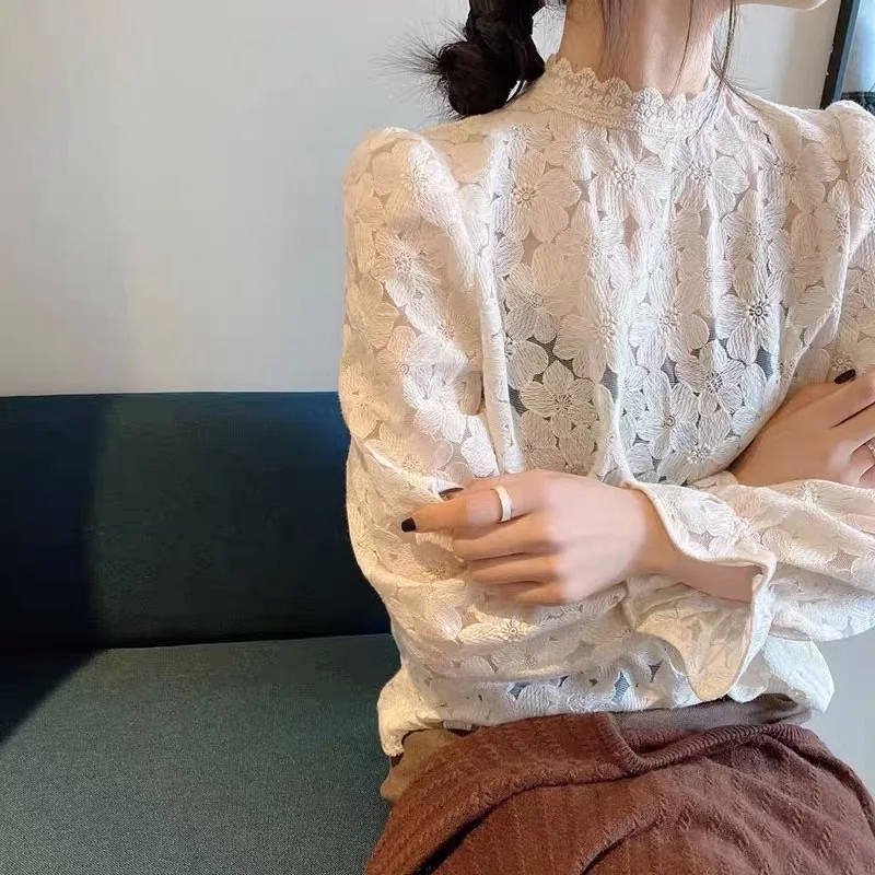 

Lamtrip Korean Design Lady Feminine Lace Shirt Women 2020 Autumn Stand-up Floral Hollow-out Top Tee Sexy shirt