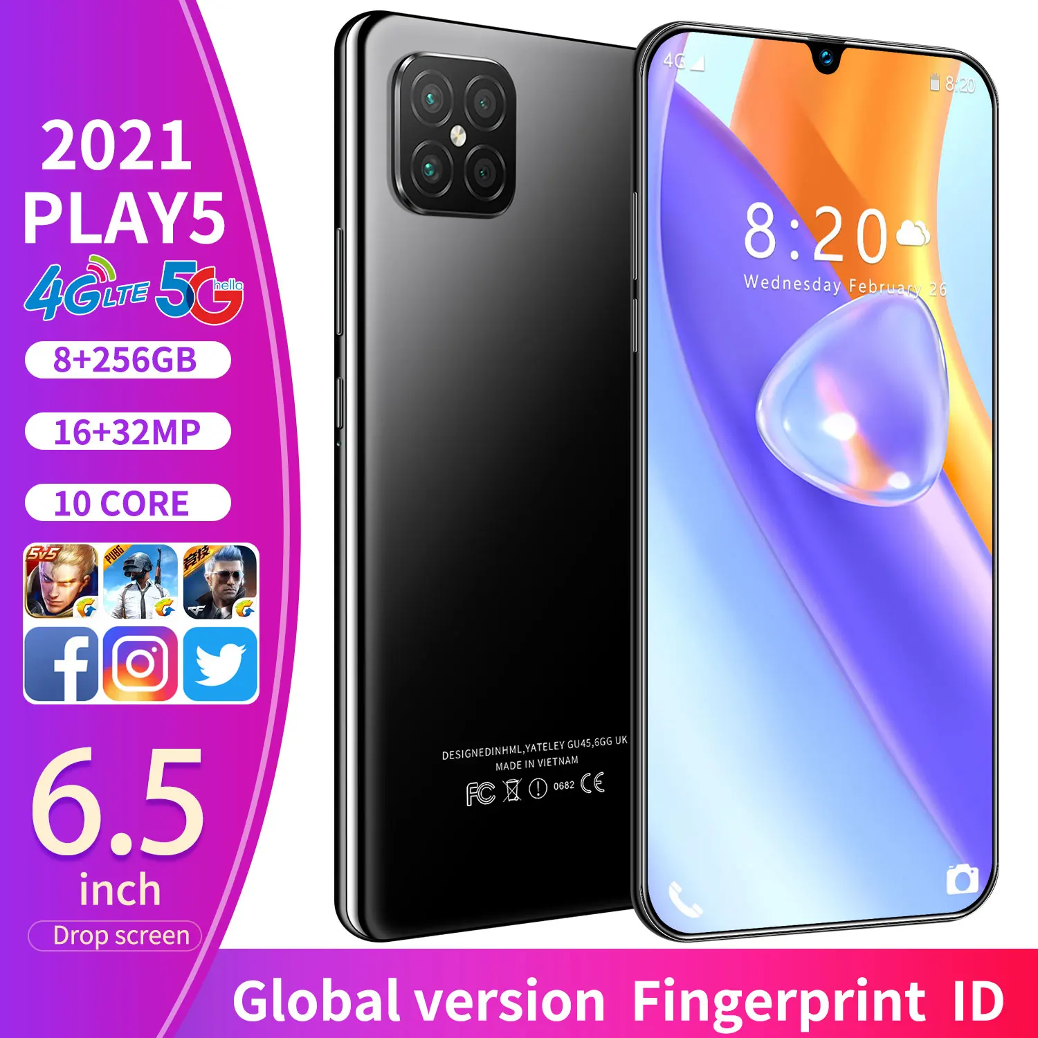

2021 Play5 6.5 Inch Full Screen Smartphone Global Version 12 512GB Android 10 GPS Cellphone Unlocked Dual SIM Mobile Phone