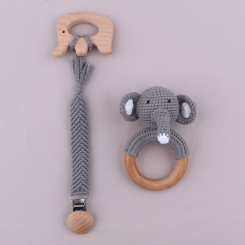 

1 Set Baby Wooden Teether Ring Pacifier Clip Chain Nipple Holder Crochet Rattle