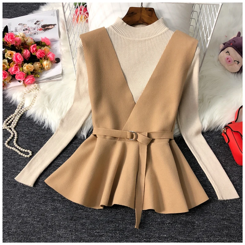 ALPHALMODA осень НОВАЯ Трикотажная нижняя рубашка+ жилет модный костюм из двух частей женский жилет с v-образным вырезом и поясом+ свитер с длинными рукавами