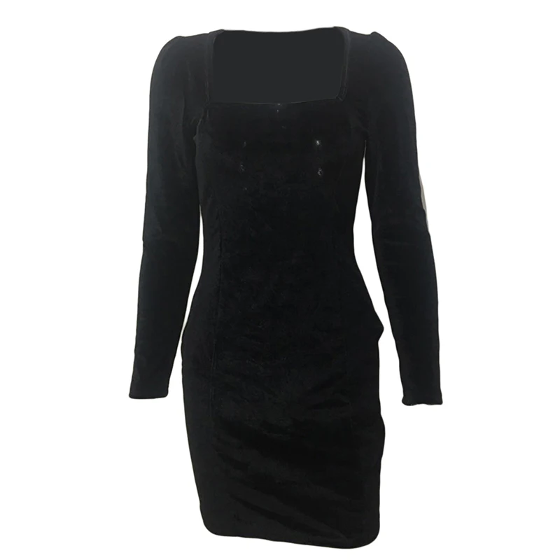 

2021 Summer Autumn Sexy Women Velvet Dress Vintage Square Collar Long Sleeve Mini Dress Elegant Bodycon Party Dress