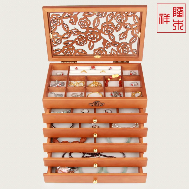 2021 New 6 Layers Solid Wood Jewelry Box European Multi-Layer Princess Jewelry Retro Earrings Necklace Bracelet Storage Box Wood