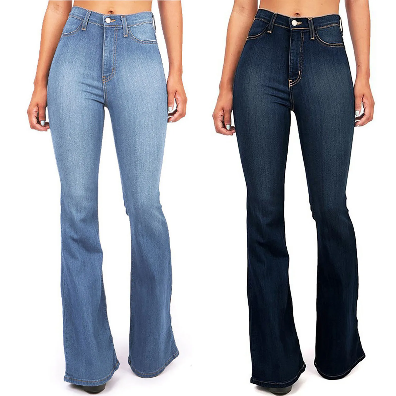 

Women's High Waist Jeans Pocket Wide Leg Jeans Flared Skinny Button Trousers Huigh Quality Fashion Women Washed Denim Jeans
