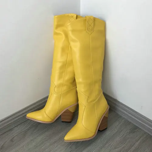 Yellow PU Дизайнерские ковбойские сапоги для женщин с острым носком; высокие сапоги на танкетке; коллекция года; зимние ковбойские сапоги на квадратном каблуке; цвет желтый, красный, черный - Цвет: Yellow PU