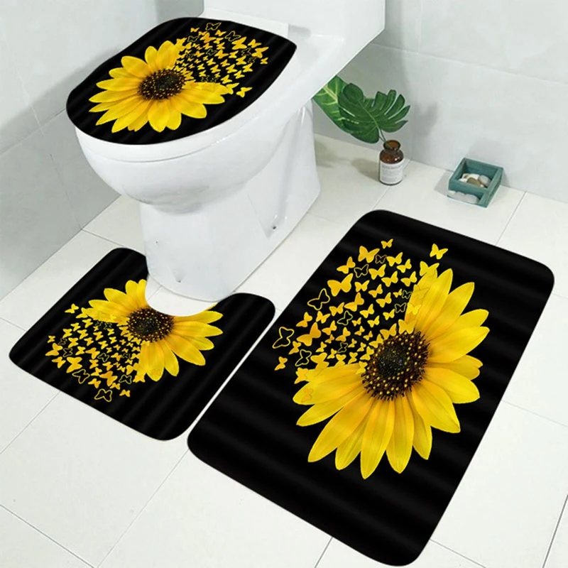 

4PCS/Set Sunflower Butterfly Print Shower Curtain Waterproof Bathroom Curtain Toilet Cover Mat Non-Slip Rug Set Bathtub