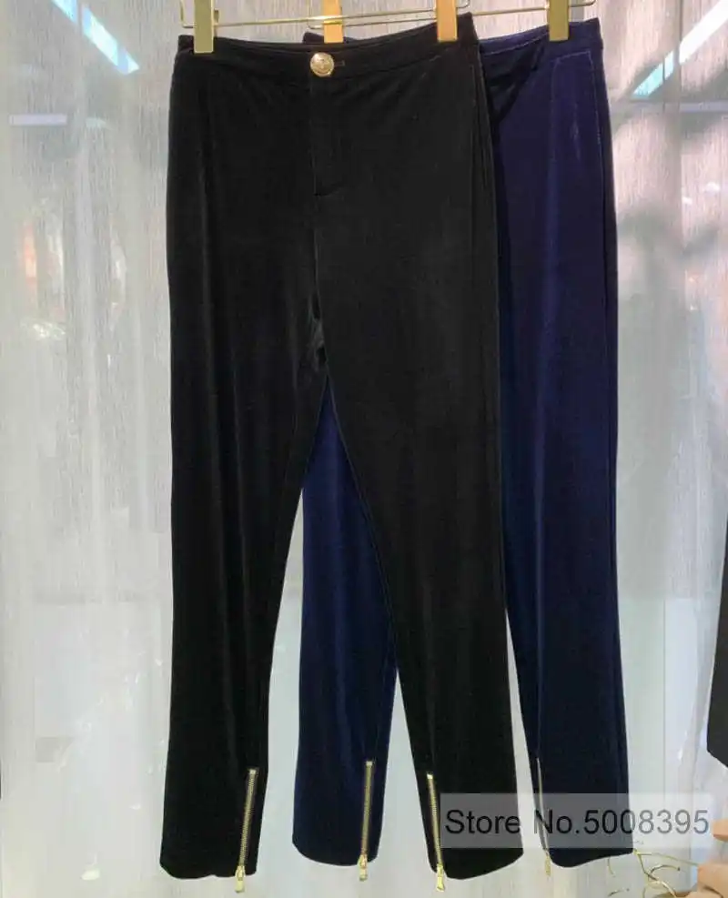 

BOP BLACK VELVET PENCIL PANTS WITH GOLD BUTTON CUFF ZIPPED WOMAN FFASHION TROUSERS