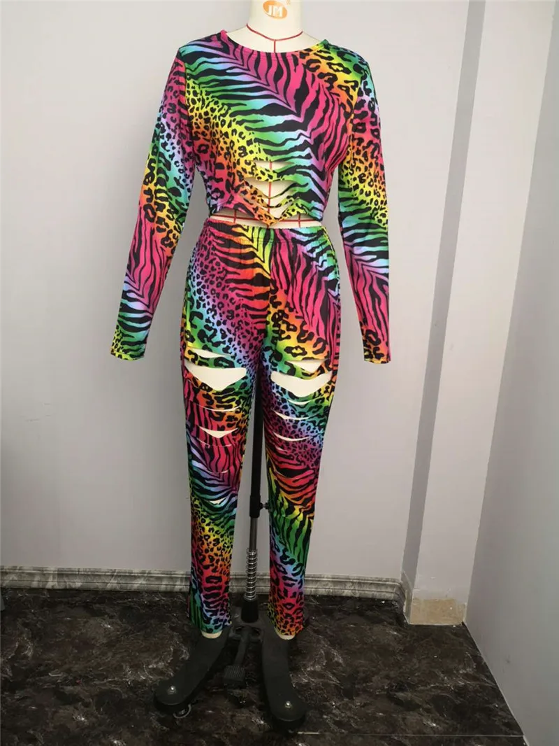 

Fall 2020 Women Fashion Leopard Print T-shirt Crop Tops Hole Pencil Pants 2 Piece Set Sexy Party Club Ripped Bodycon Tracksuit
