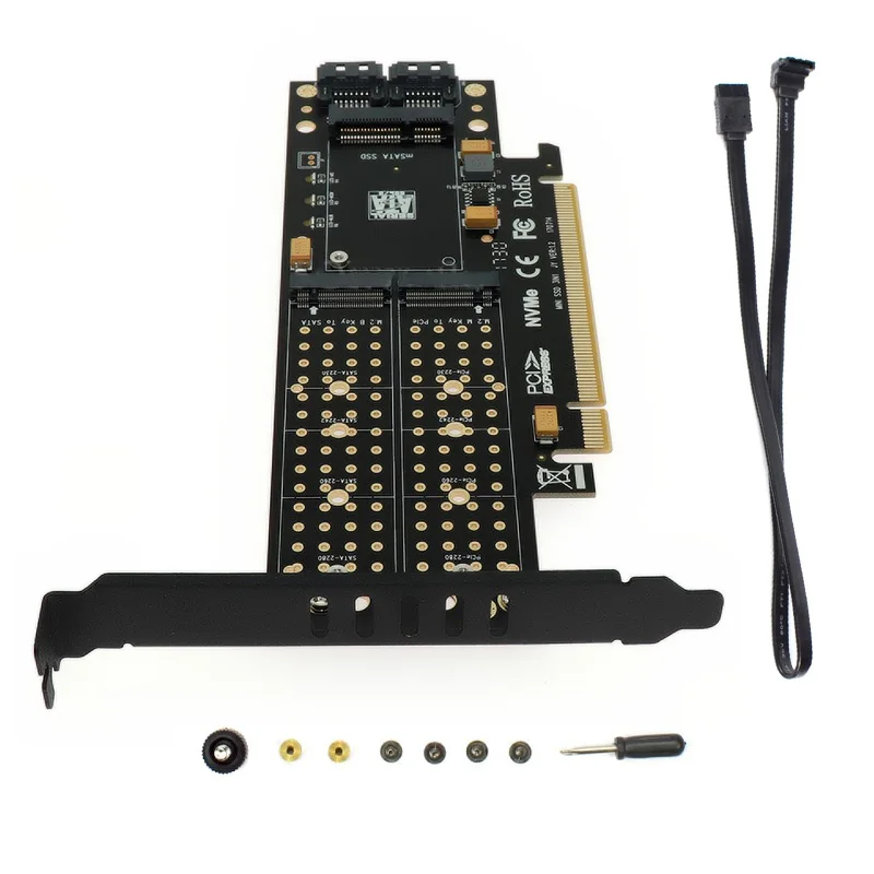 Адаптер Raiser PCIE to M2 PCI E 3 0 X16 к M.2 SSD M Key B mSATA 2 x 7Pin SATA порт NVME AHCI в 1 переходная