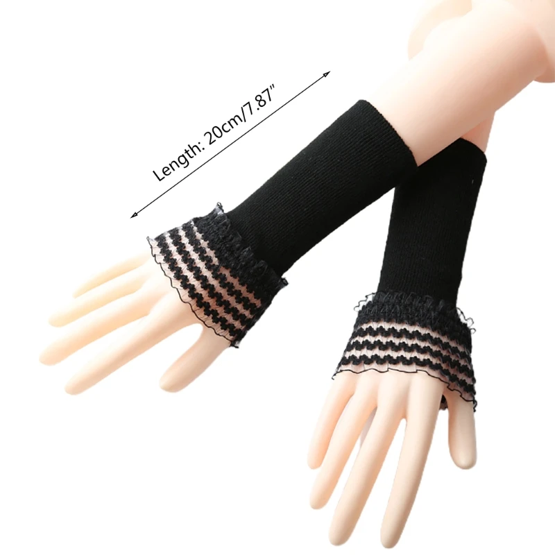 

Women Ribbed Knitted Arm Warmers Ruffles Lace Patchwork Horn Cuffs Fake Sleeves Solid Color Stretchy Fingerless Gloves