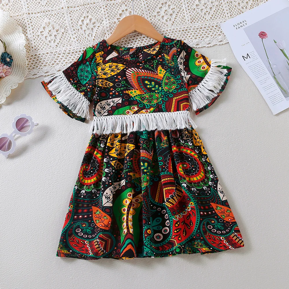 

New Girls' Dress Spring Summer Baby Clothes Ethnic Style Fringed Short-Sleeved Dress Children Dresses Girls Fashion Kids Outfit