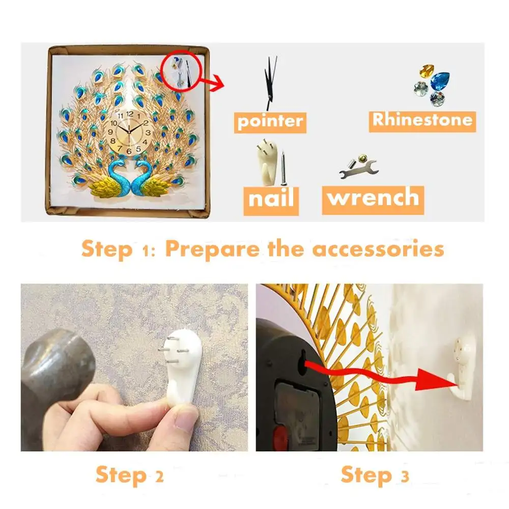 

60x60cm Large 3D Diamond Crystal Quartz Peacock Wall Clocks European Style Modern Home Living Room Decor Silent Wall Clock