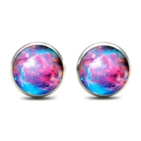 novelty fashion galaxy universe nebula glass cabochon stud earrings outer space astronomy stars charm full moon women jewelry