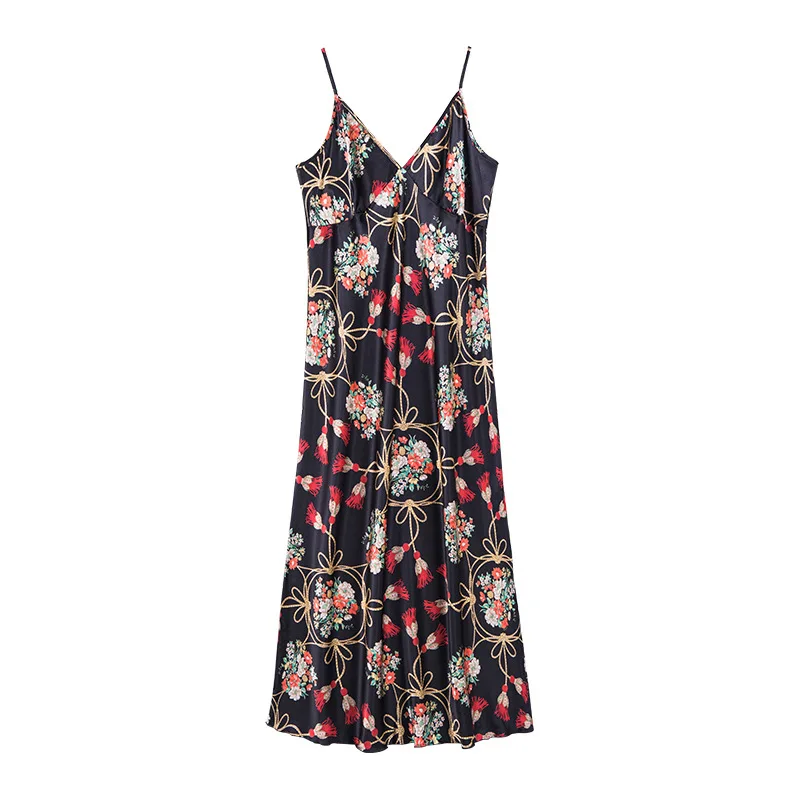 

2020 Women Spring And Summer Silk Thin Section Sexy Suspenders Nightdress Female Black Mid-Length Dress Pyjama Sexy Femme