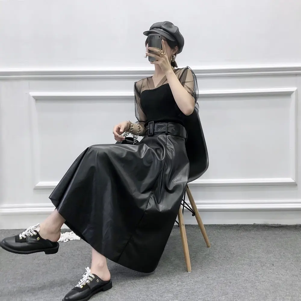 Элегантные черные юбки из искусственной кожи Женская плиссированная юбка