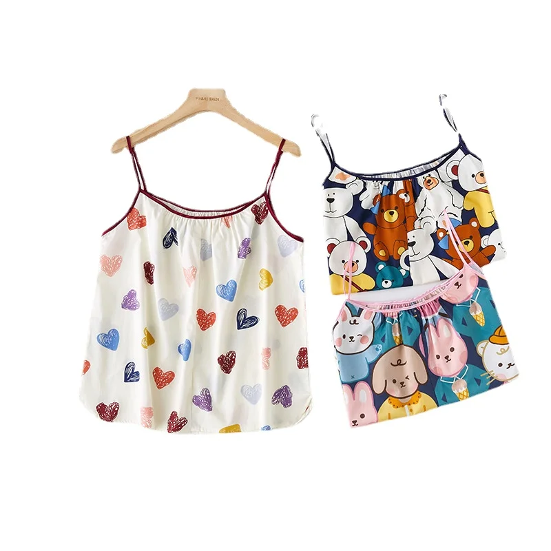 

Summer Suspender Women's Pajamas Cartoon Cute Suits with Shorts Print Shorts Cotton Satin Soft Sexy Home Wear Suit Sleepwear
