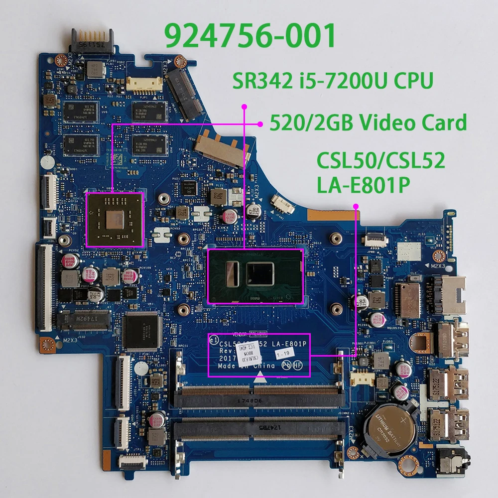 924756-001 924756-601 CSL50/CSL52 LA-E801P w 2GB VRAM i5-7200U для ноутбука HP 15-BS 15-BR 15-BU, материнская плата для ноутбука