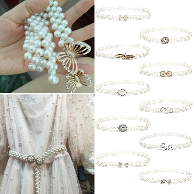 

Women Pearl Belt Dress Skirt Waist Elastic Thin Belts Ladies Waistband
